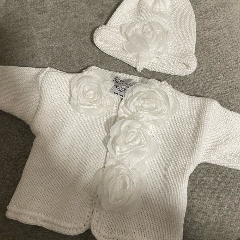 Gita Accessories Hand Knit White Baby Cardigan and Hat Set with Floral Accents